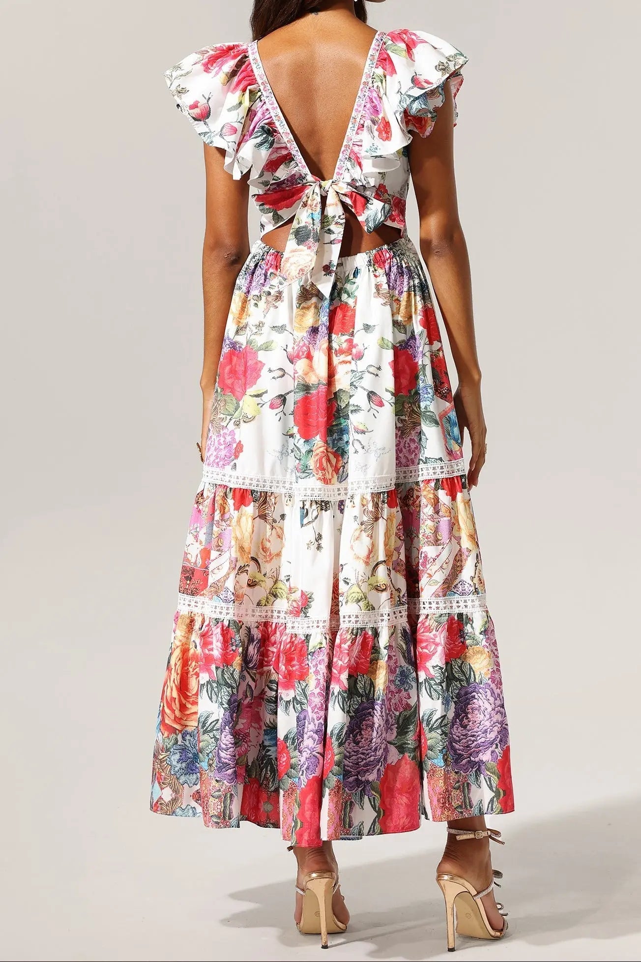 Backless Ruffle Floral Printed Maxi Dress