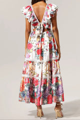 Backless Ruffle Floral Printed Maxi Dress