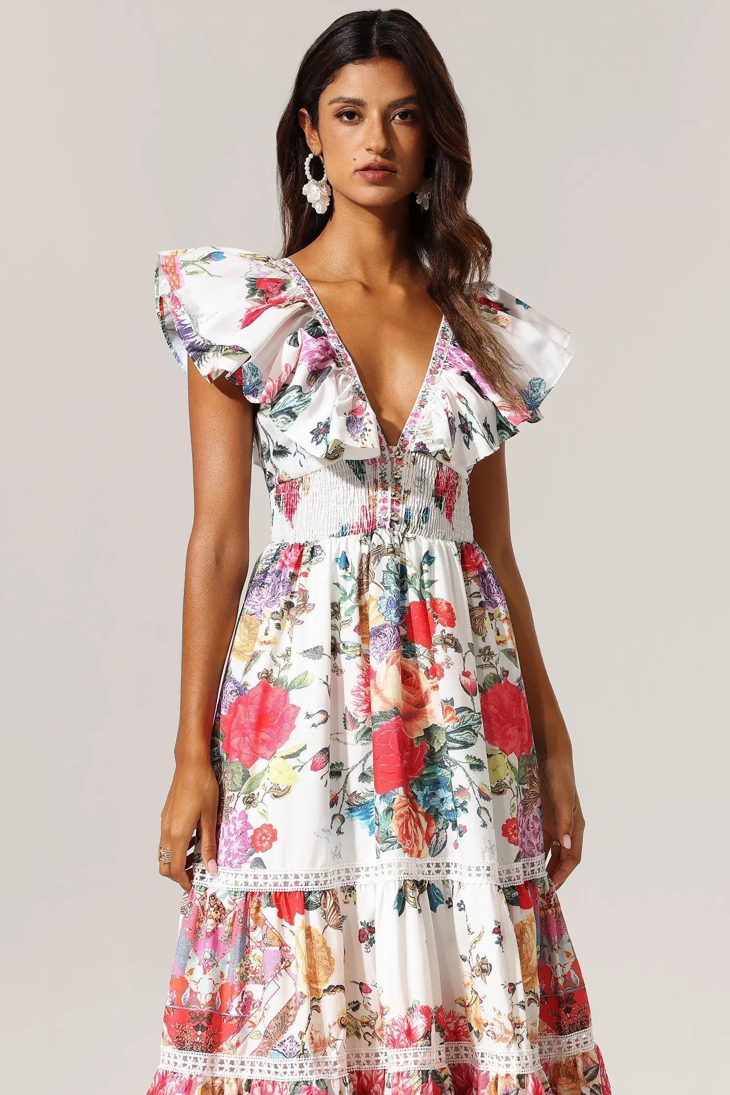 Backless Ruffle Floral Printed Maxi Dress