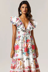 Backless Ruffle Floral Printed Maxi Dress