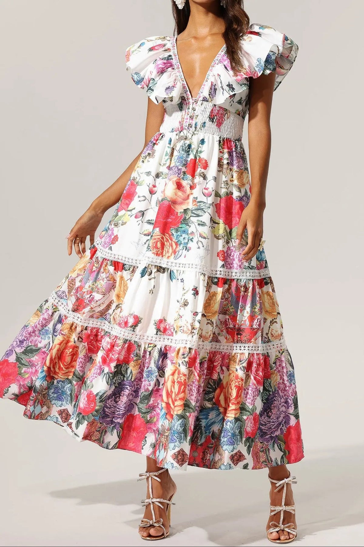 Backless Ruffle Floral Printed Maxi Dress