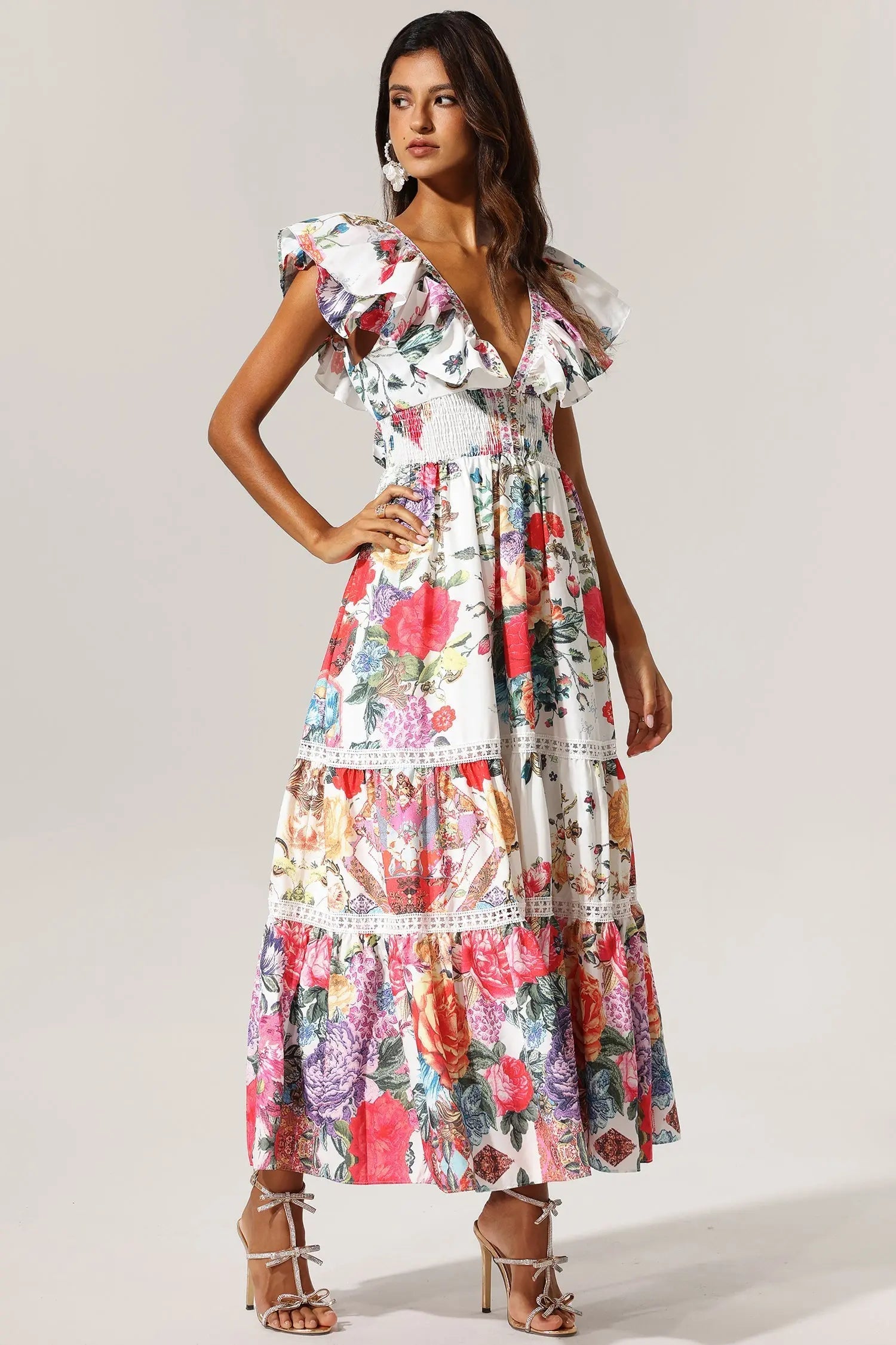 Backless Ruffle Floral Printed Maxi Dress