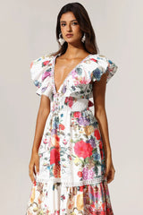 Backless Ruffle Floral Printed Maxi Dress