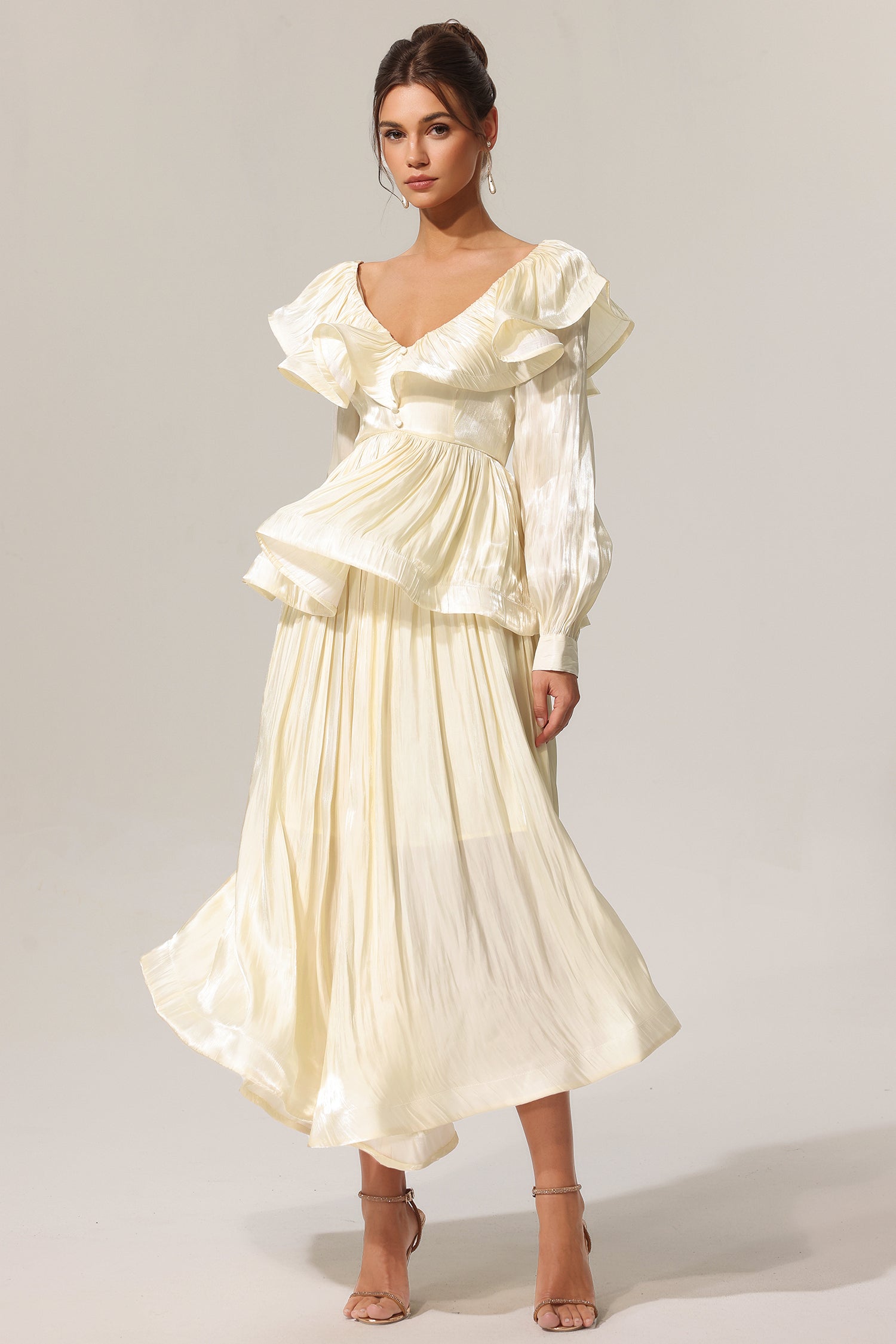 Folds V-Neck Long Sleeves Top And Skirt Two-Piece Set