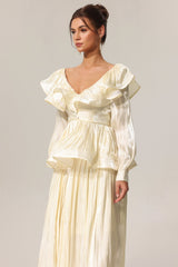 Folds V-Neck Long Sleeves Top And Skirt Two-Piece Set