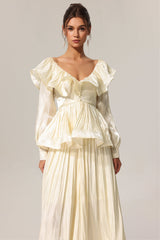 Folds V-Neck Long Sleeves Top And Skirt Two-Piece Set