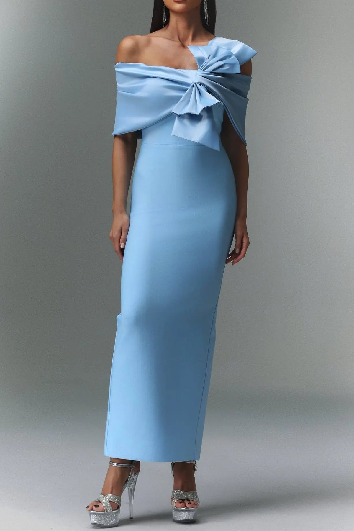 Blue One-Shoulder Bandage Satin Maxi Dress
