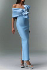 Blue One-Shoulder Bandage Satin Maxi Dress