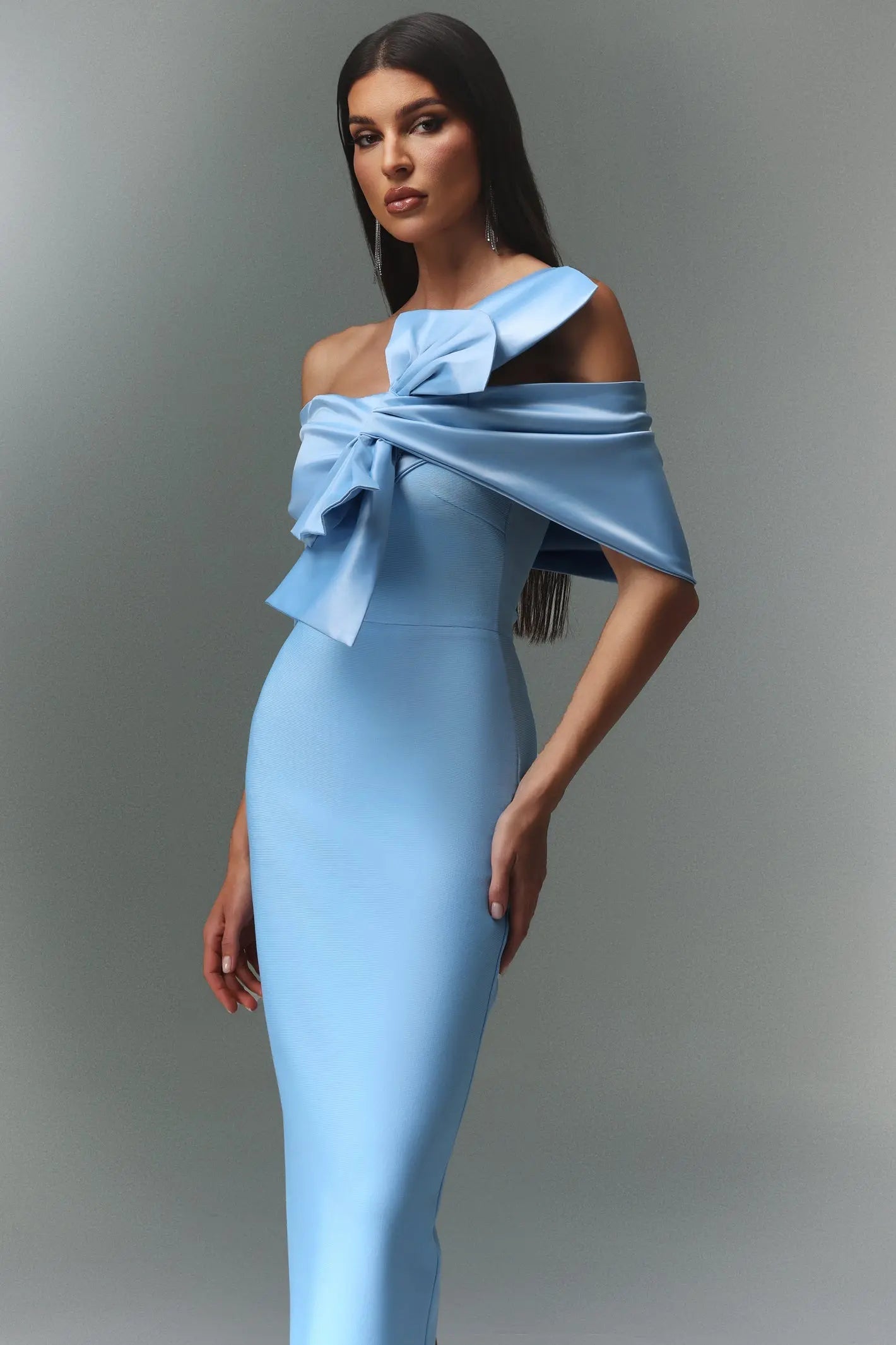 Blue One-Shoulder Bandage Satin Maxi Dress