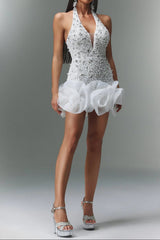 Sleeveless V-neck Diamond Flowers Mini Dress