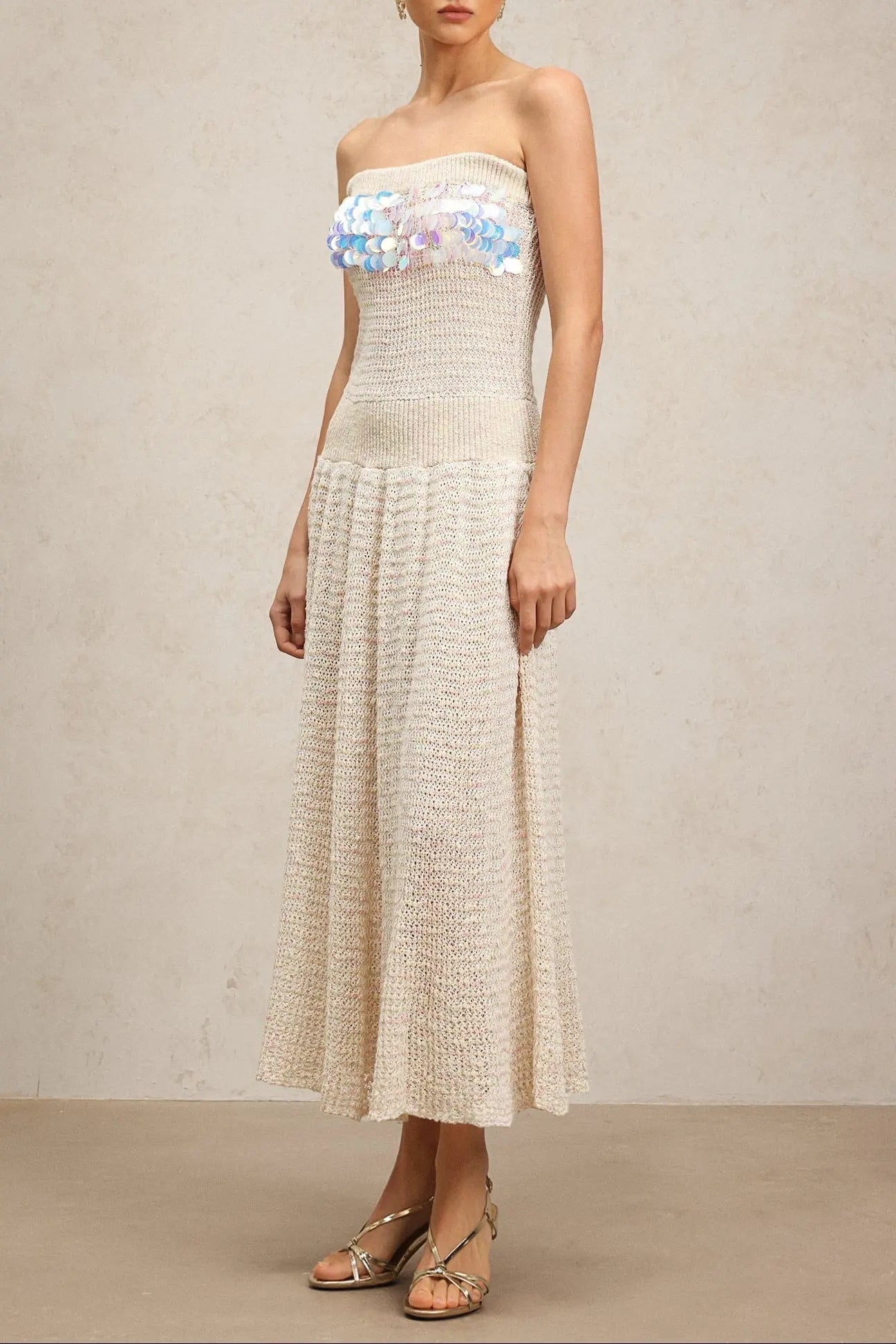 Beige Off-Shoulder Sleeveless Sequin Jersey Maxi Dress
