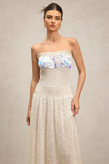Beige Off-Shoulder Sleeveless Sequin Jersey Maxi Dress