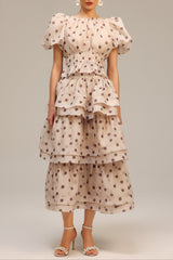 Beige Puff Sleeves Printed Top and Skirt Two-Piece Set