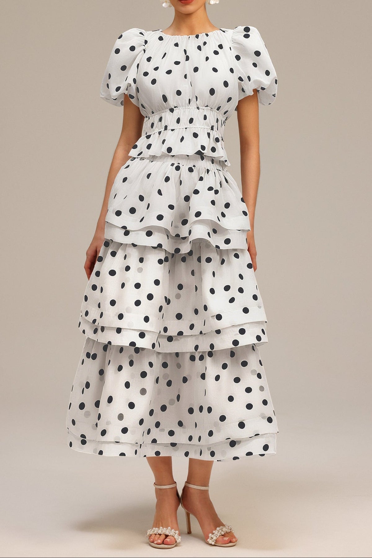 White Puff Sleeves Printed Top and Skirt Two-Piece Set