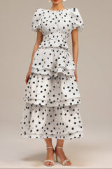 White Puff Sleeves Printed Top and Skirt Two-Piece Set