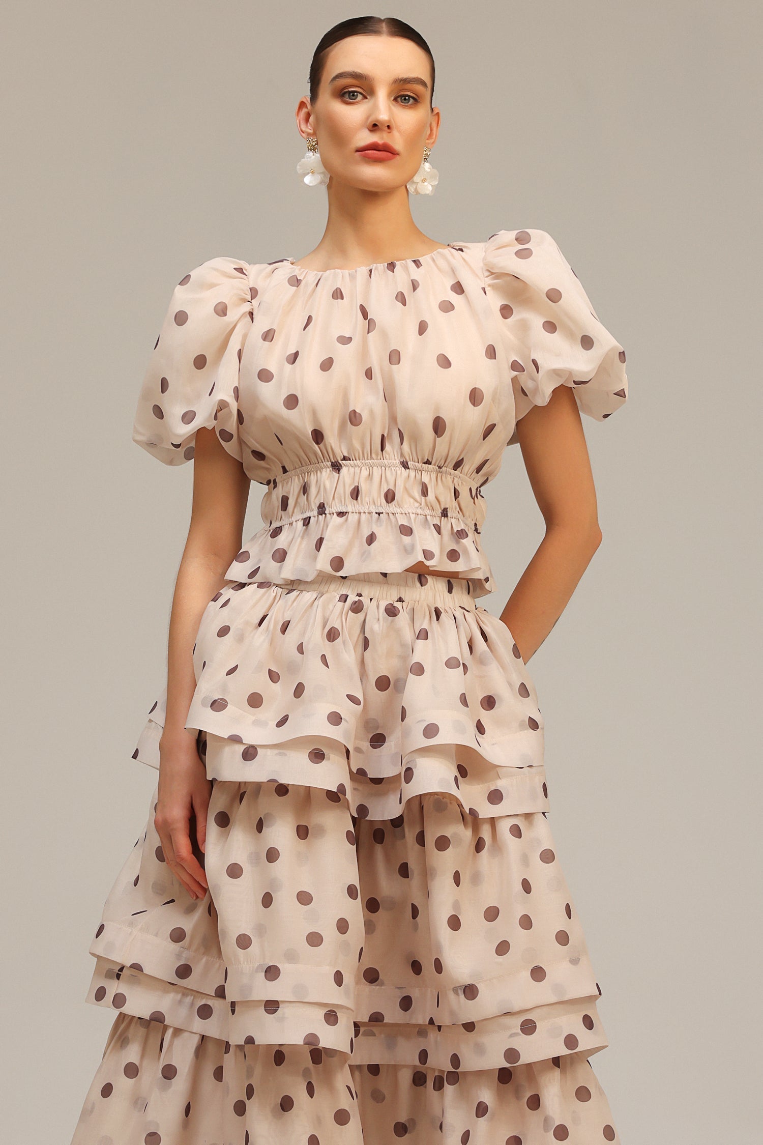 Beige Puff Sleeves Printed Top and Skirt Two-Piece Set