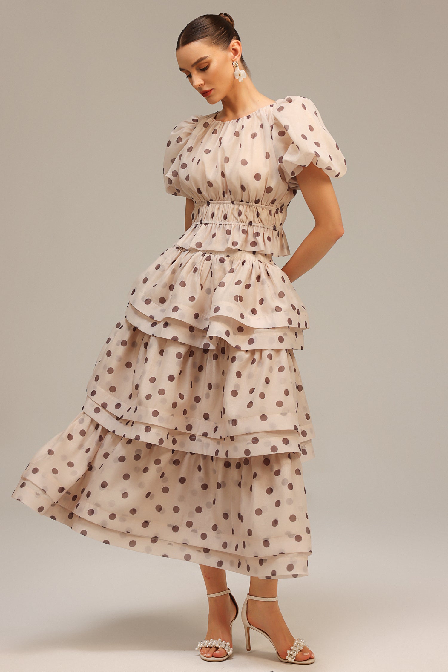 Beige Puff Sleeves Printed Top and Skirt Two-Piece Set