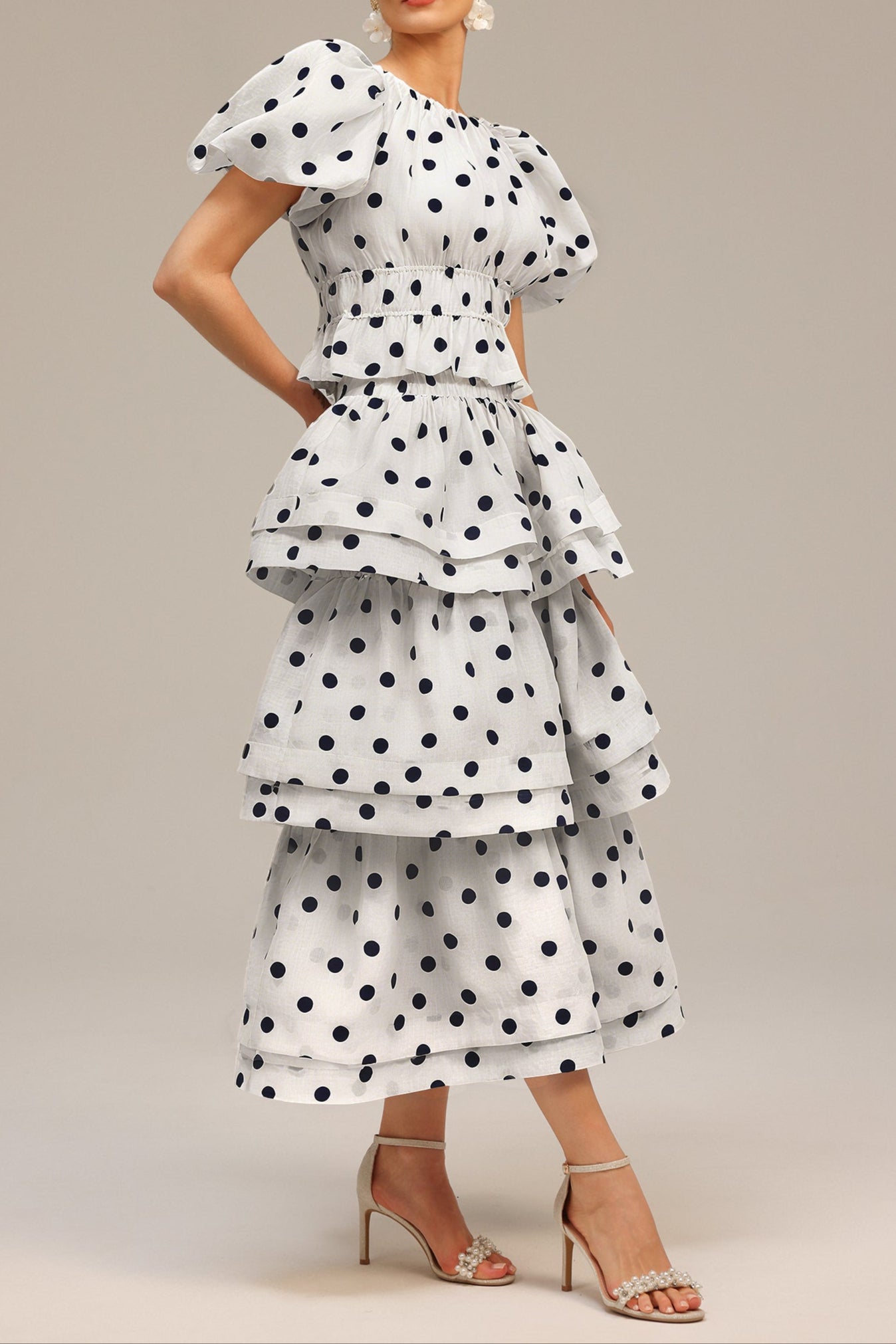 White Puff Sleeves Printed Top and Skirt Two-Piece Set