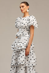 White Puff Sleeves Printed Top and Skirt Two-Piece Set