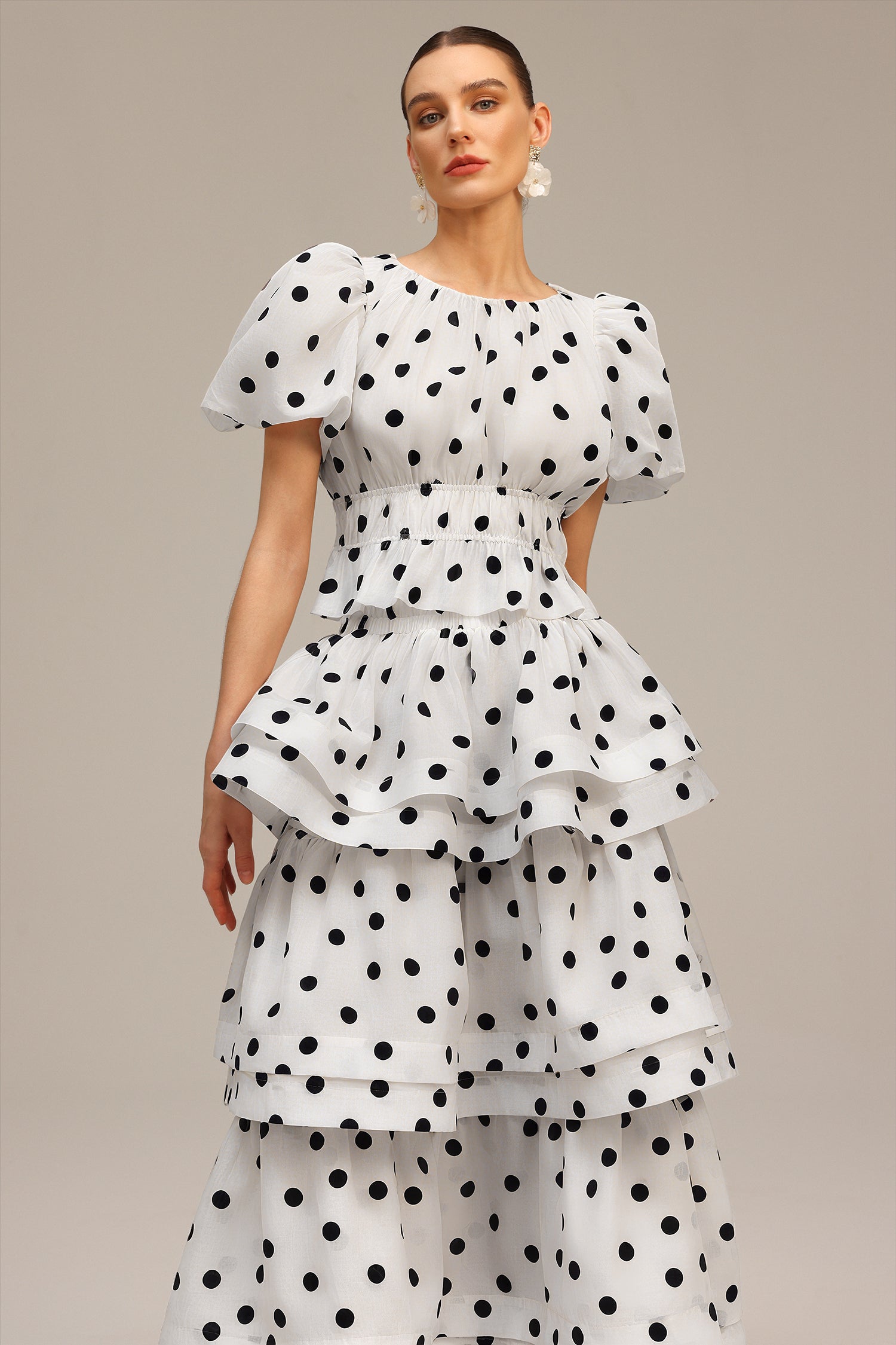 White Puff Sleeves Printed Top and Skirt Two-Piece Set