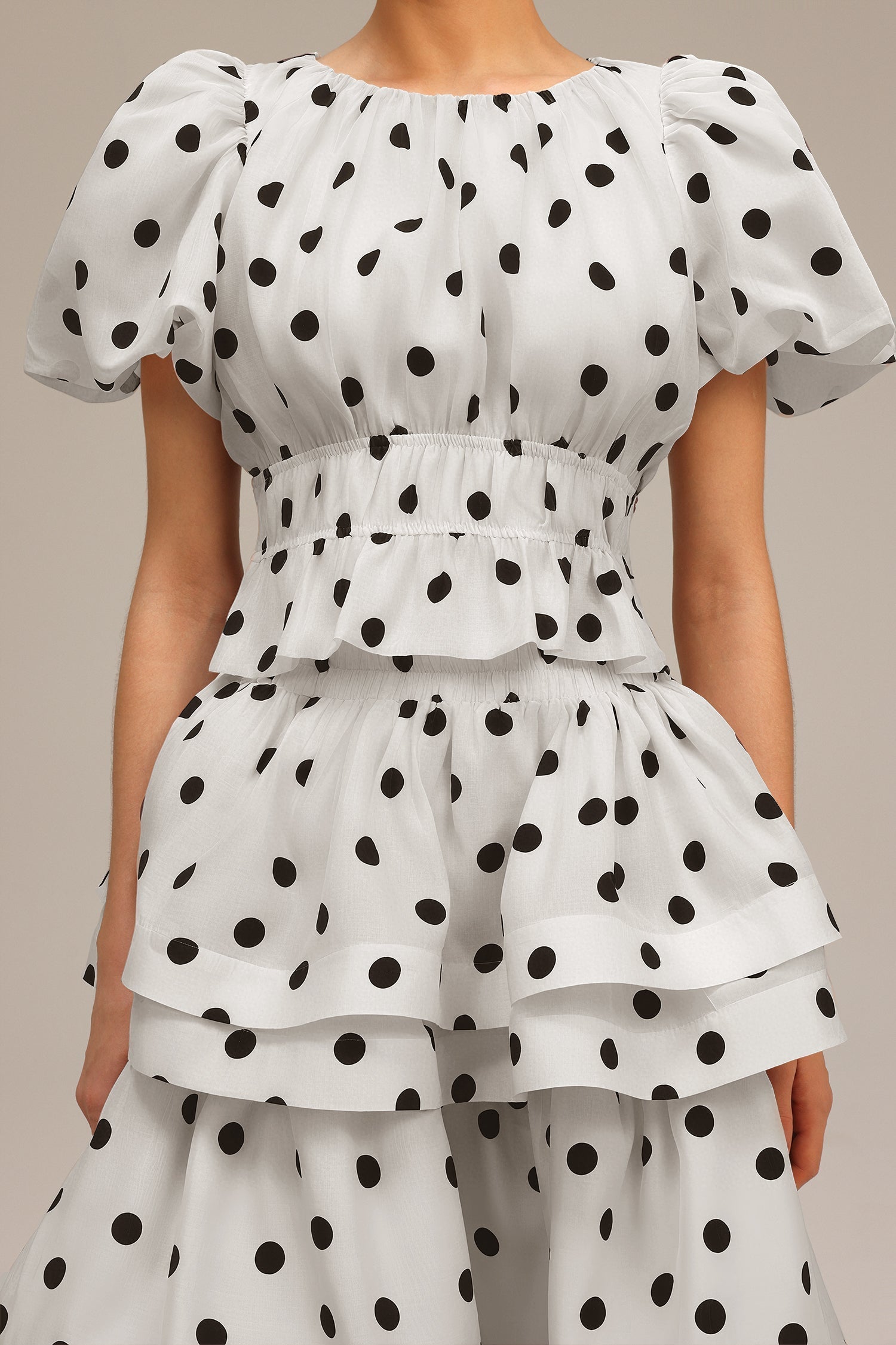 White Puff Sleeves Printed Top and Skirt Two-Piece Set