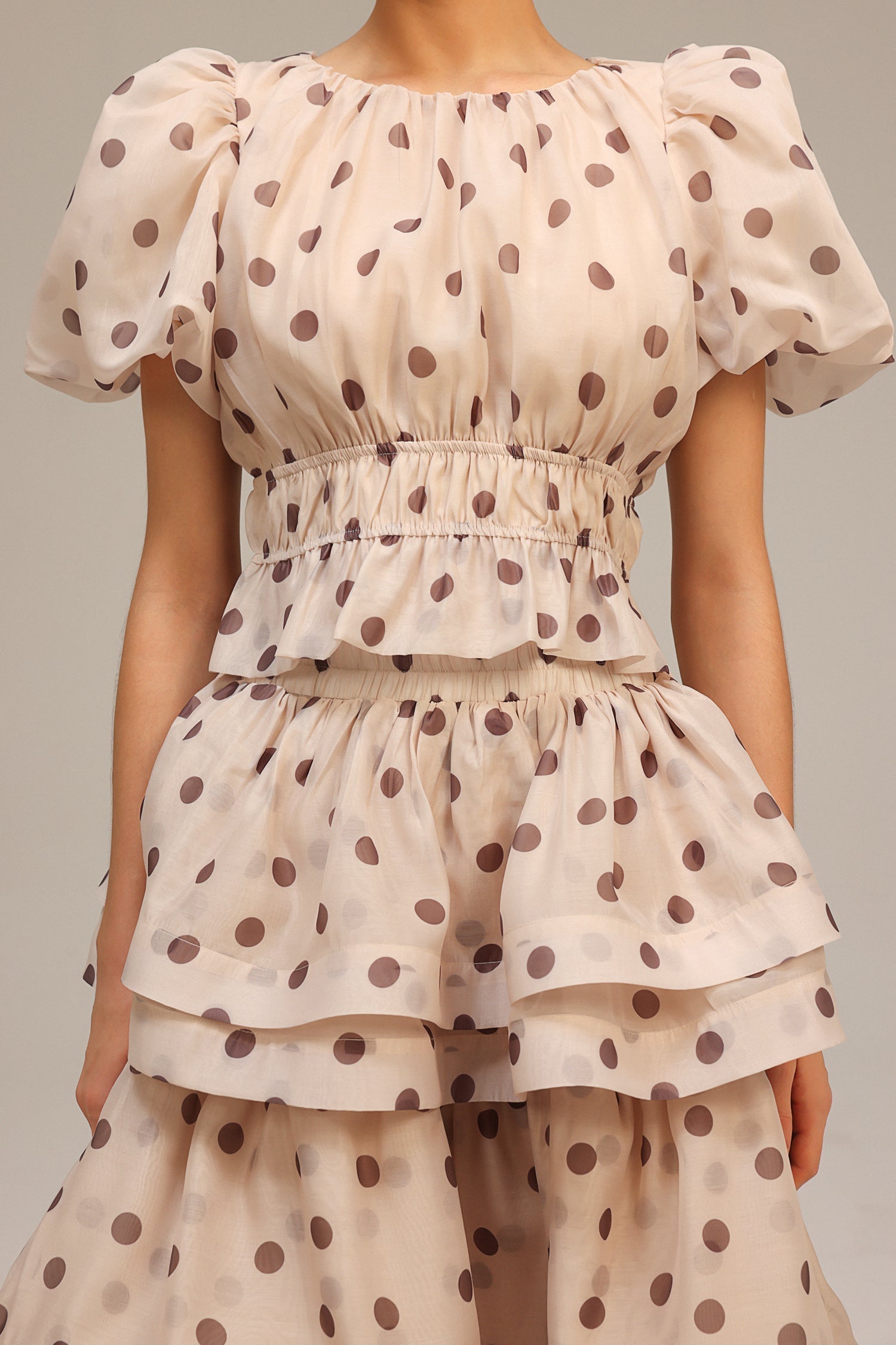 Beige Puff Sleeves Printed Top and Skirt Two-Piece Set
