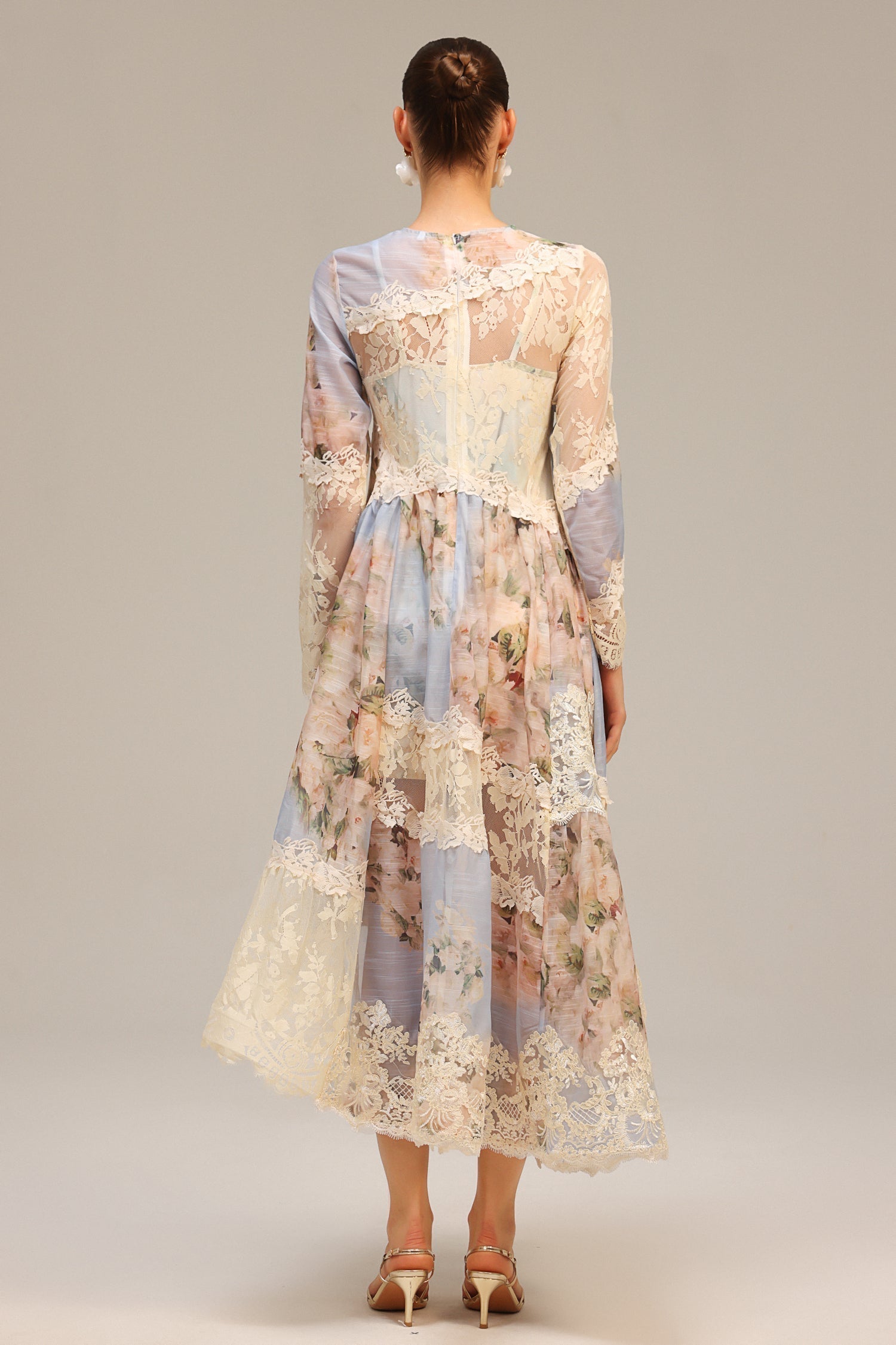 Long Sleeves Floral Printed Lace Maxi Dress