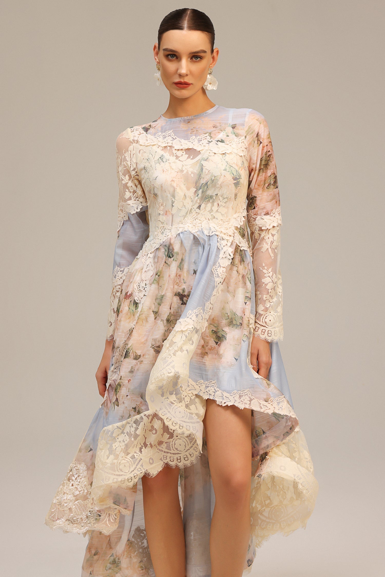 Long Sleeves Floral Printed Lace Maxi Dress