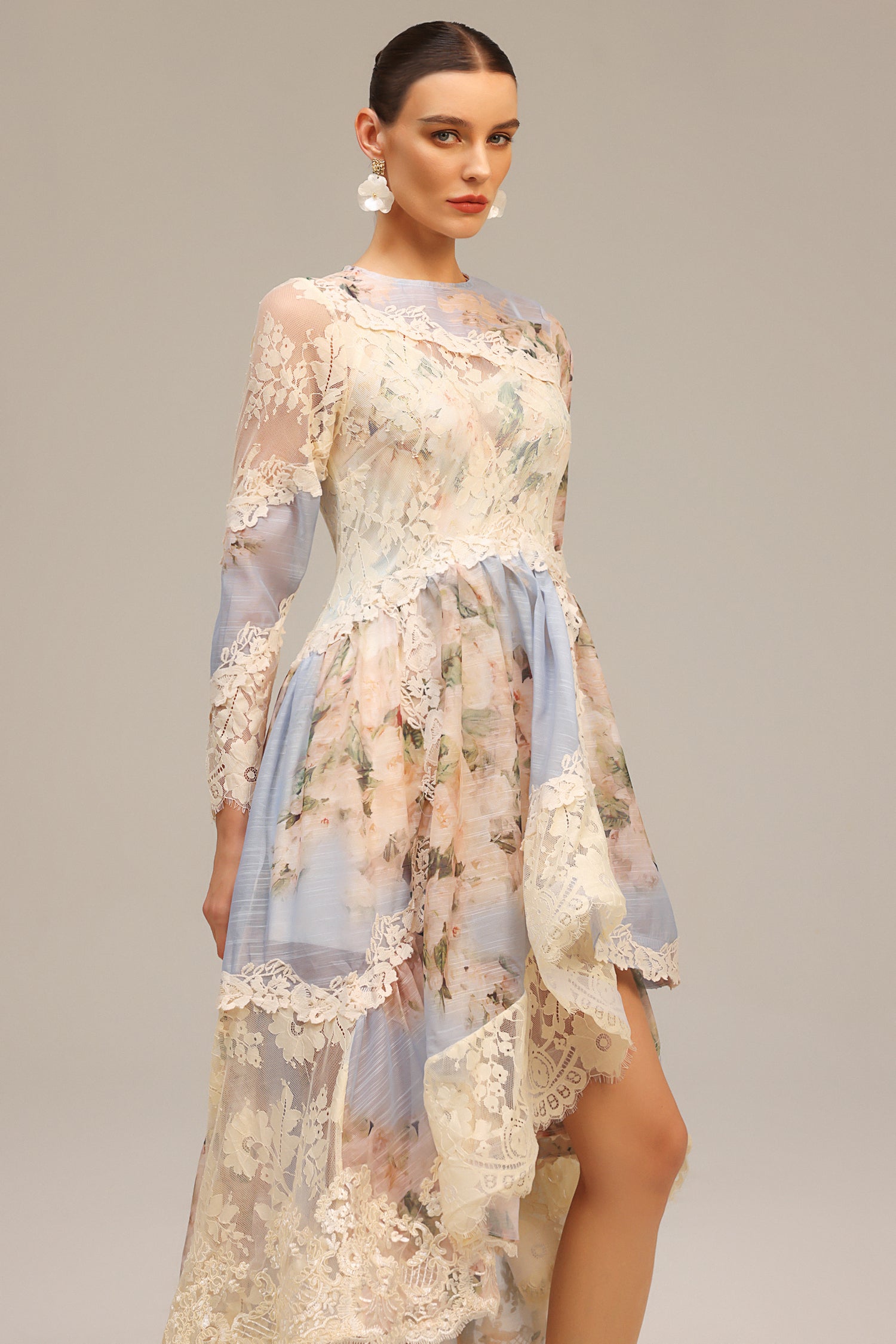Long Sleeves Floral Printed Lace Maxi Dress