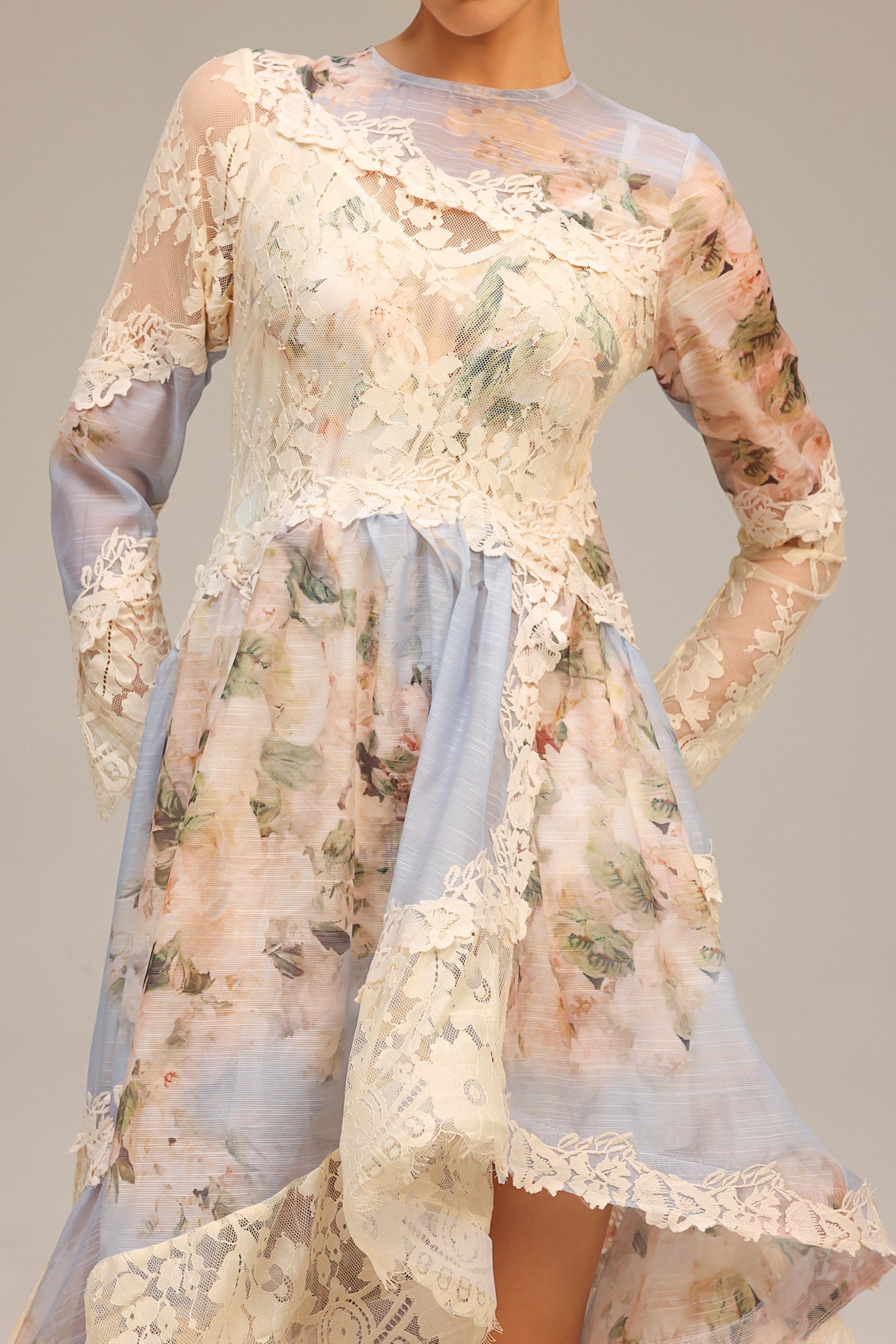 Long Sleeves Floral Printed Lace Maxi Dress