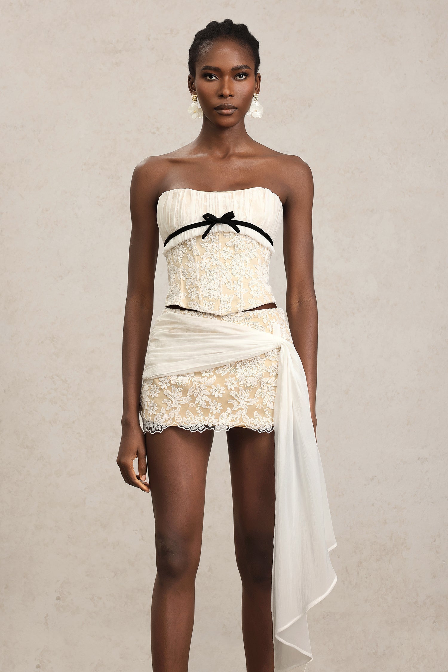 White Herringbone Top Floral Ruffle Mini Dress Suit