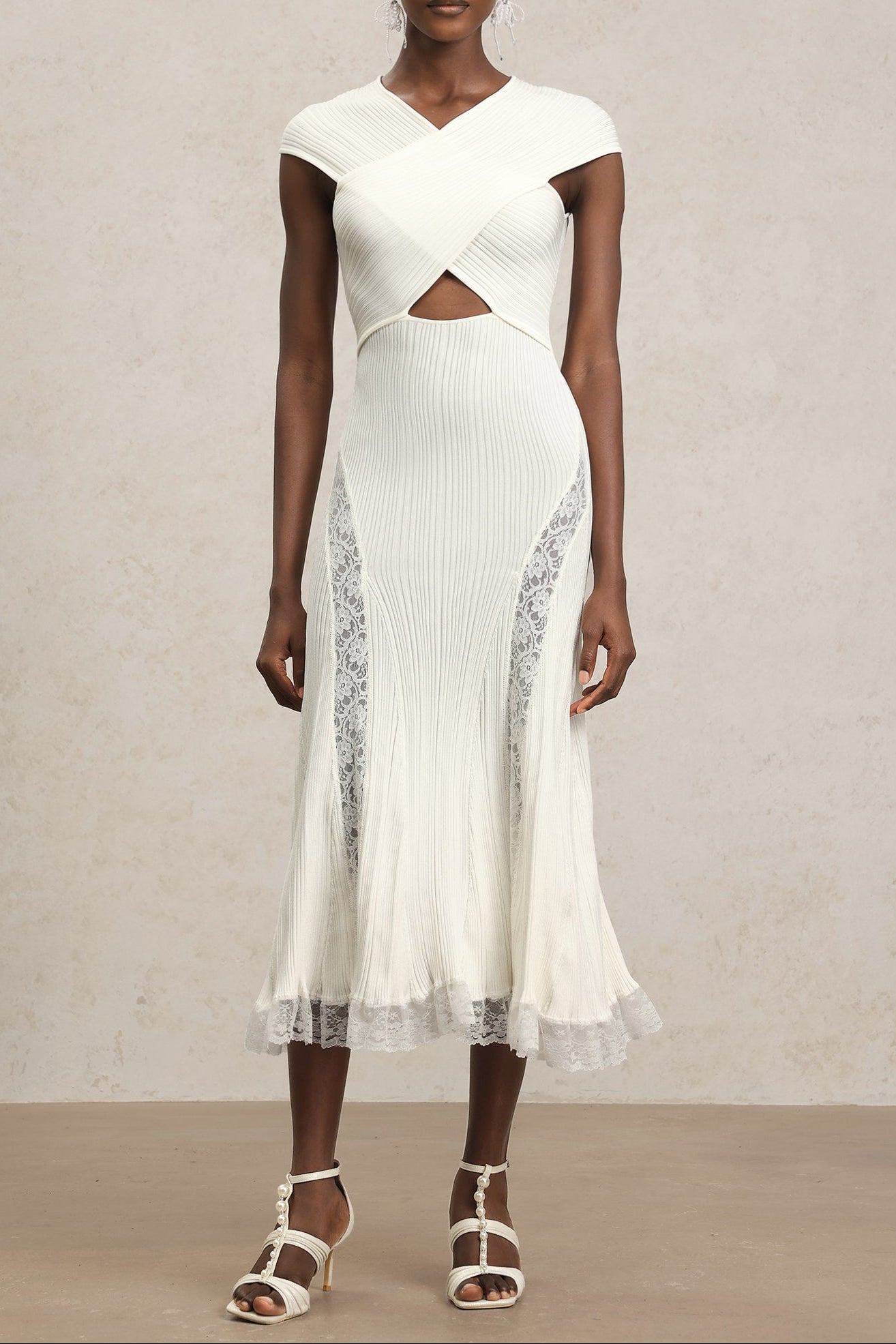 Sleeveless Lace Hollow Out Bandage Midi Dress