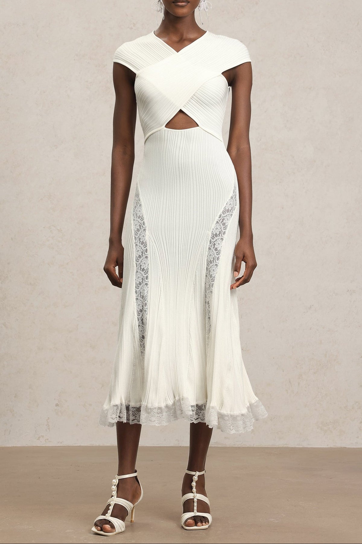 Sleeveless Lace Hollow Out Bandage Midi Dress