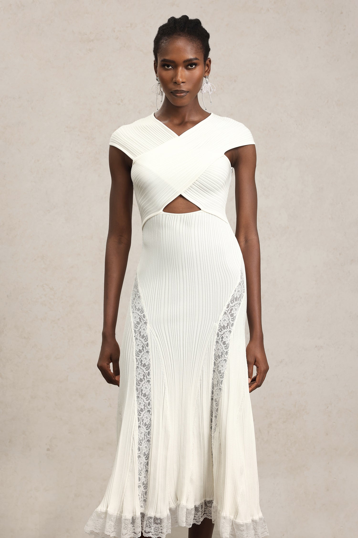 Sleeveless Lace Hollow Out Bandage Midi Dress
