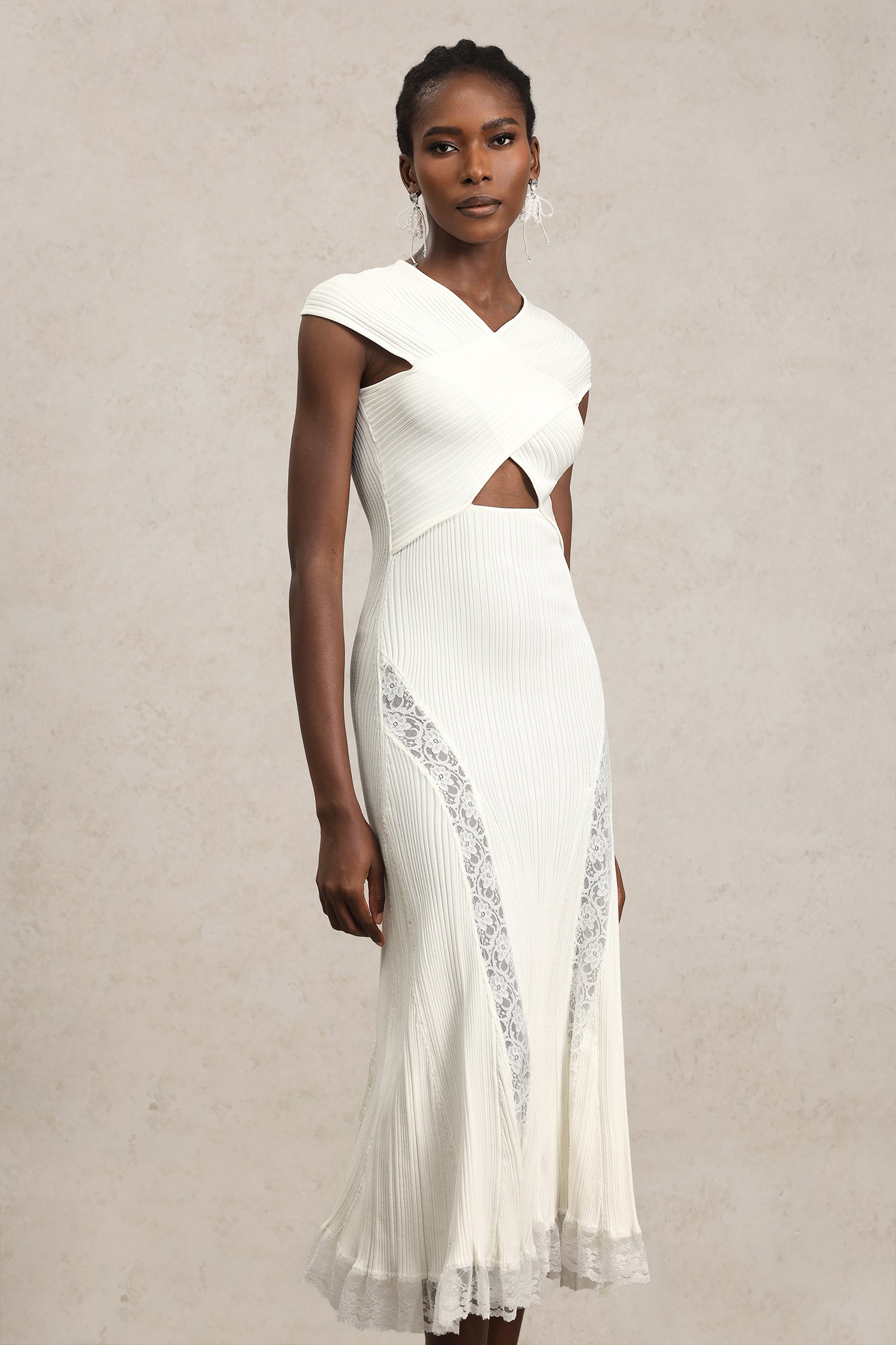 Sleeveless Lace Hollow Out Bandage Midi Dress