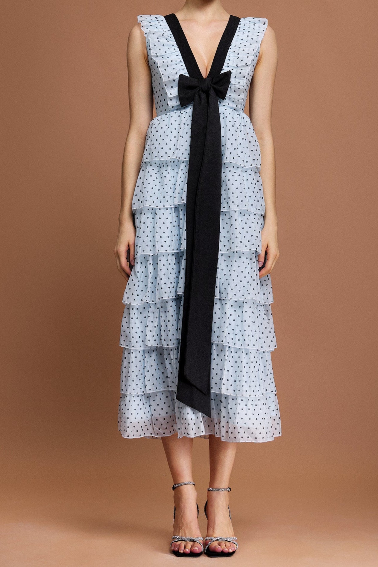 V-Neck Sleeveless Bowknot Folds Printed Midi Dress