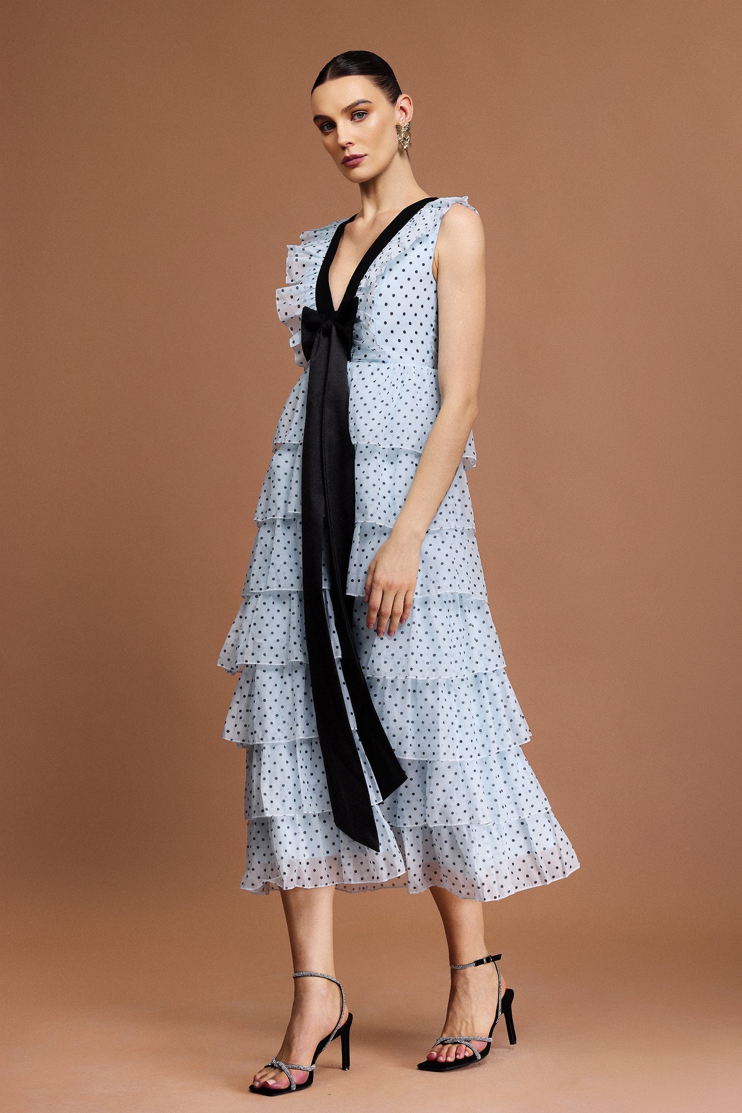 V-Neck Sleeveless Bowknot Folds Printed Midi Dress