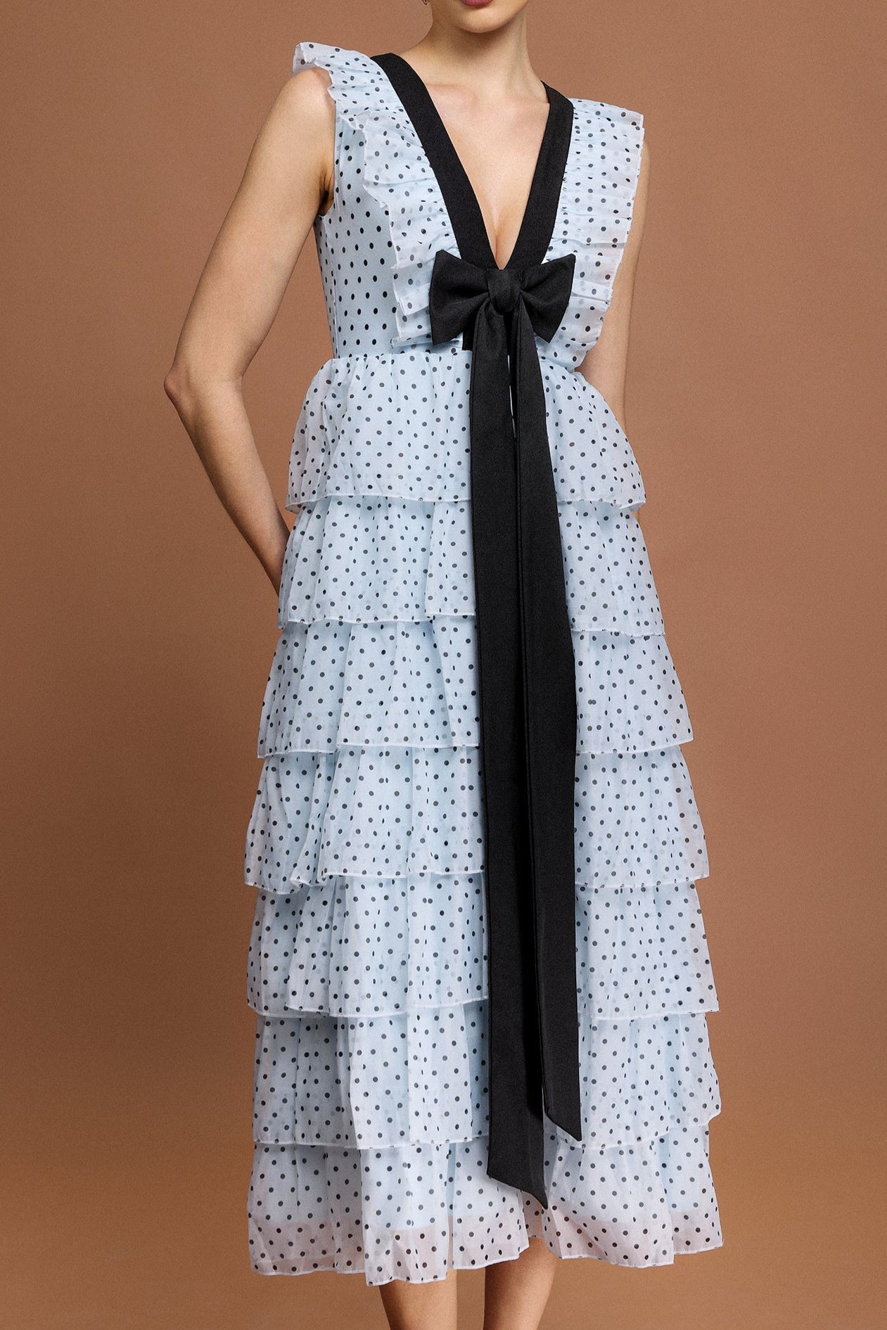 V-Neck Sleeveless Bowknot Folds Printed Midi Dress