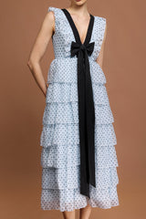 V-Neck Sleeveless Bowknot Folds Printed Midi Dress