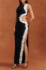 Black Sleeveless Hollow Out Flowers Bandage Maxi Dress