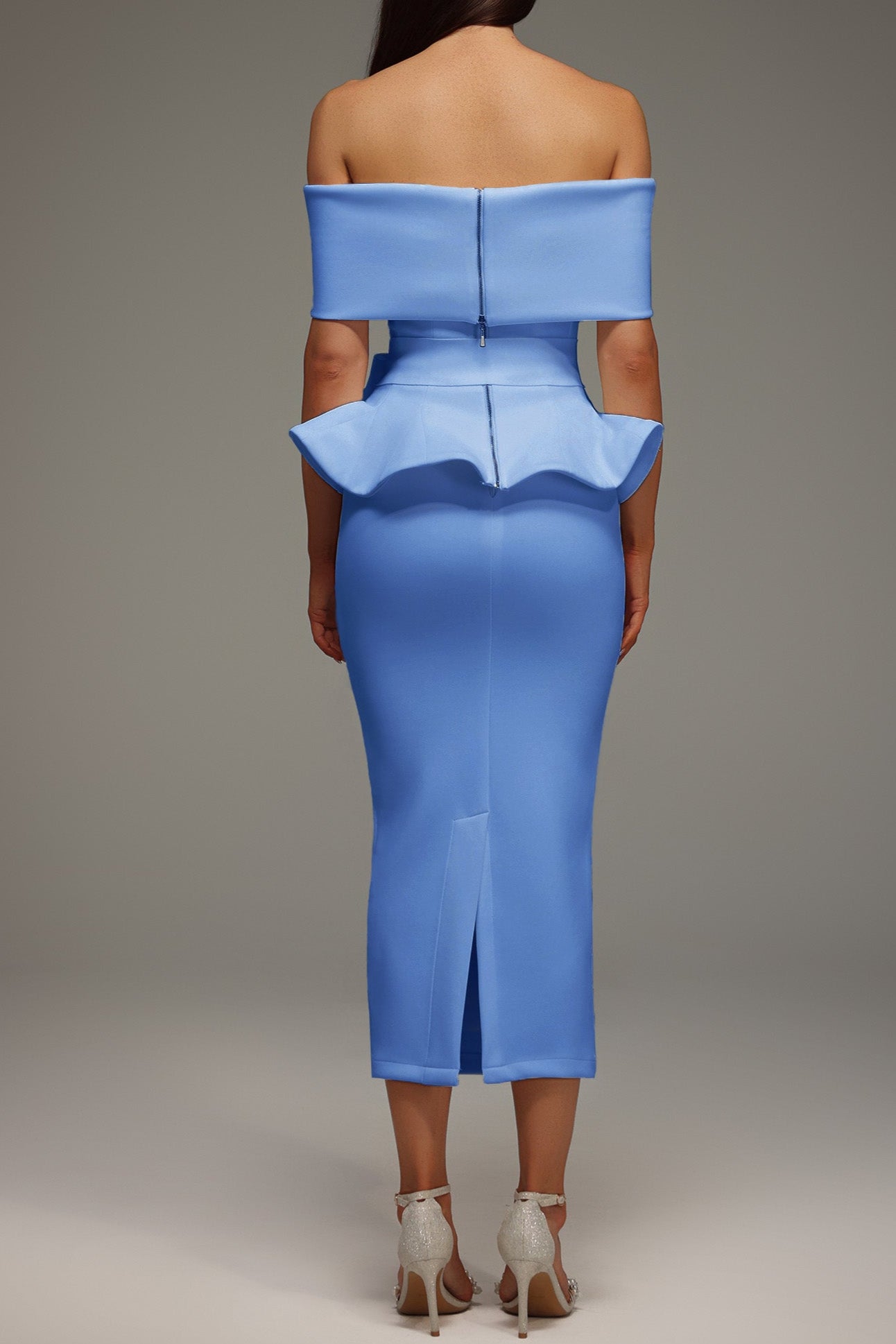 Off The Shoulder Ruffled Edge Blue Midi Dress