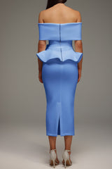 Off The Shoulder Ruffled Edge Blue Midi Dress