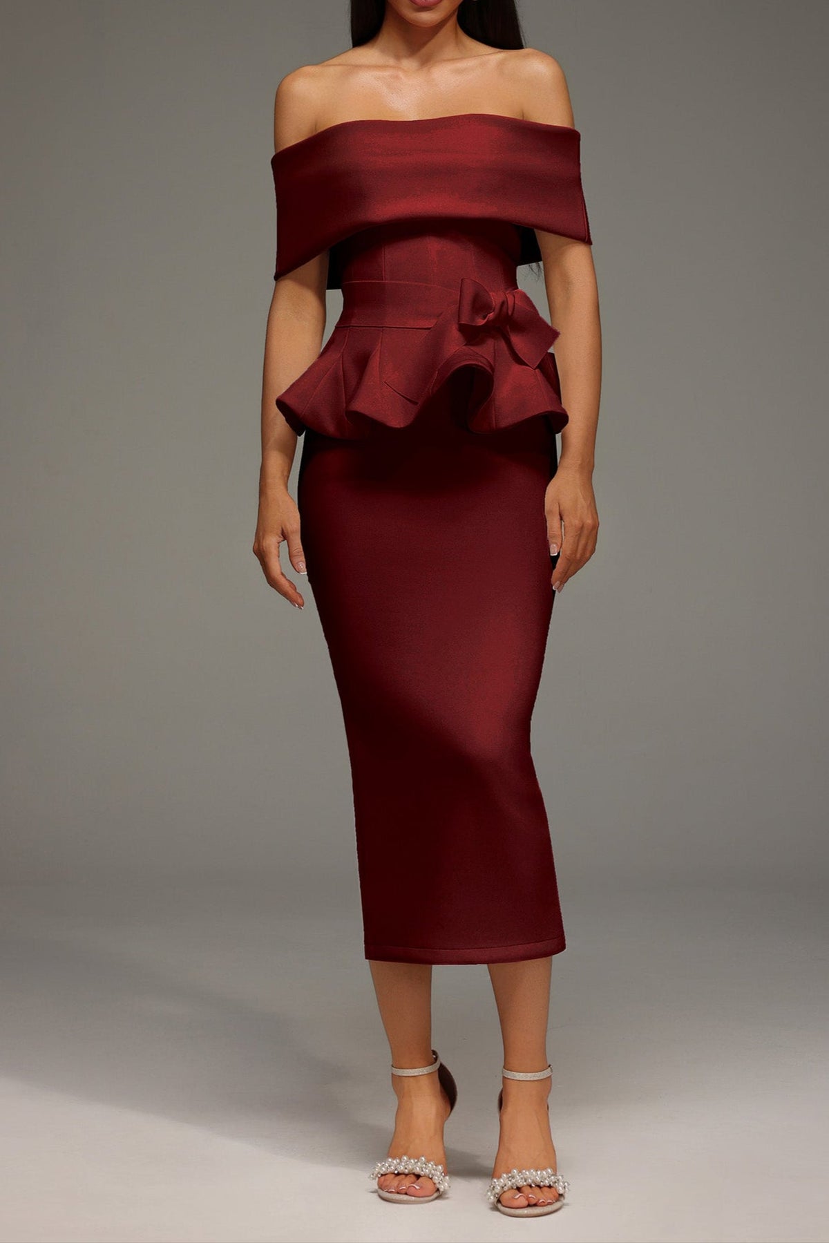 Off The Shoulder Ruffled Edge Red Midi Dress