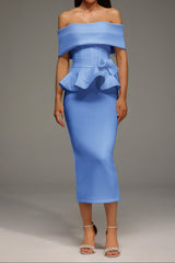 Off The Shoulder Ruffled Edge Blue Midi Dress