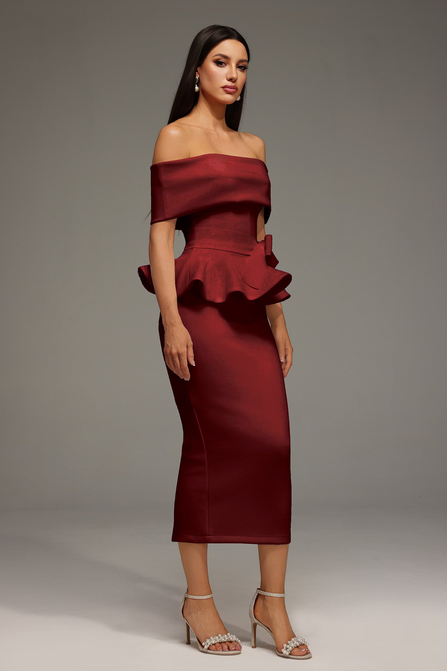 Off The Shoulder Ruffled Edge Red Midi Dress