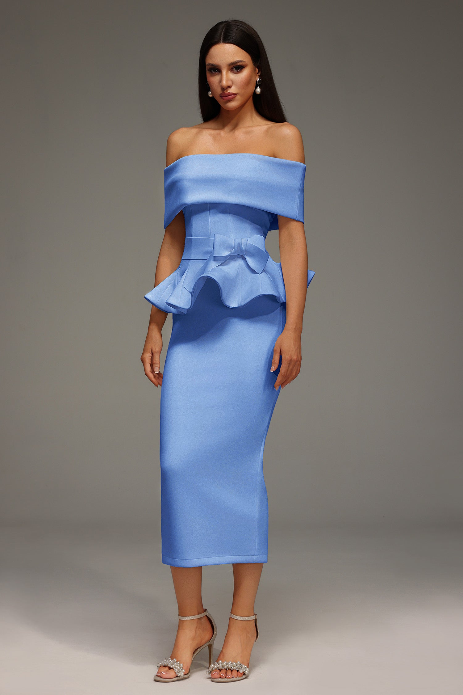 Off The Shoulder Ruffled Edge Blue Midi Dress