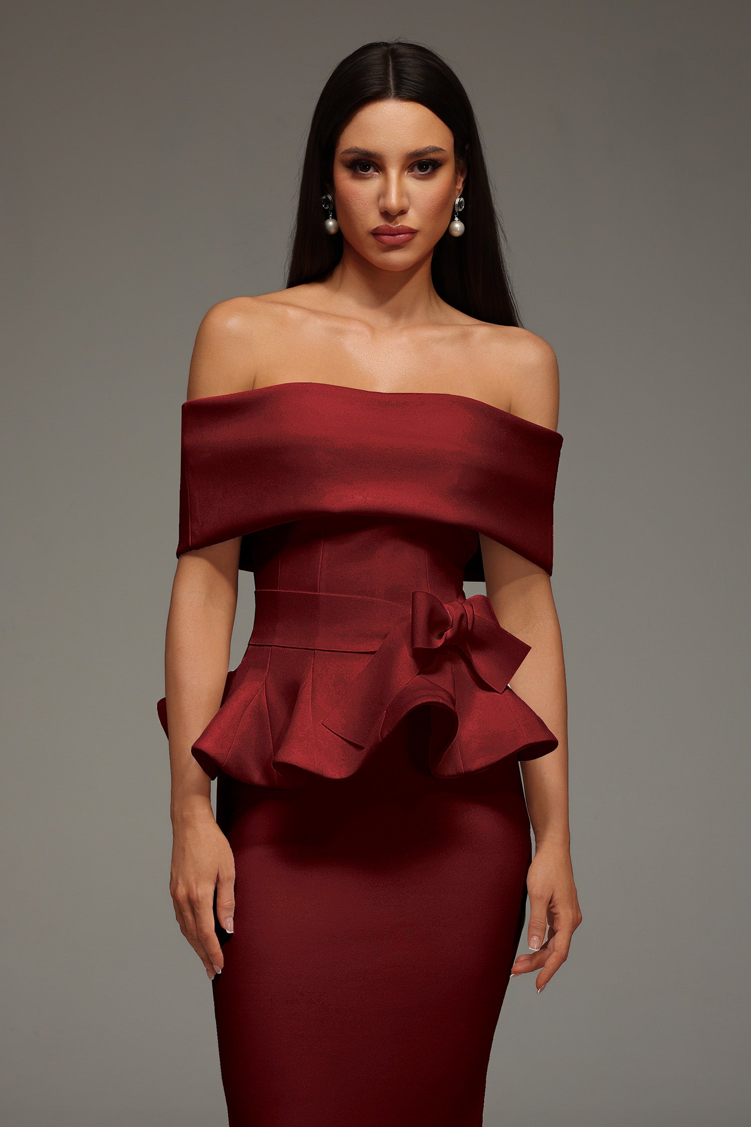 Off The Shoulder Ruffled Edge Red Midi Dress