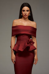 Off The Shoulder Ruffled Edge Red Midi Dress