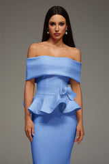 Off The Shoulder Ruffled Edge Blue Midi Dress