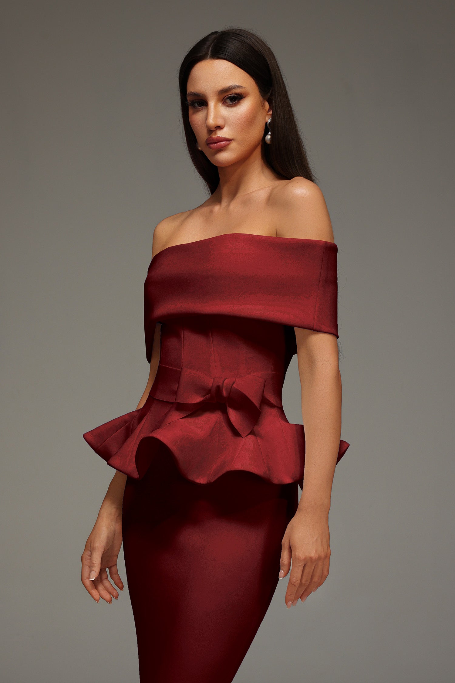 Off The Shoulder Ruffled Edge Red Midi Dress